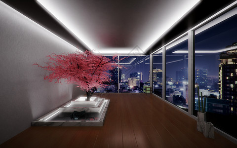 禅宗风格的房间 室内空间有一棵粉红色的樱花树 可欣赏城市夜景 现代建筑装饰 数字渲染背景图片
