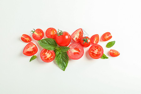 白色背景的鲜樱桃西红柿和巴西尔 文字空间的平面成份 均匀配饰食谱健康烹饪饮食农业杂货店美食植物蔬菜食物背景图片