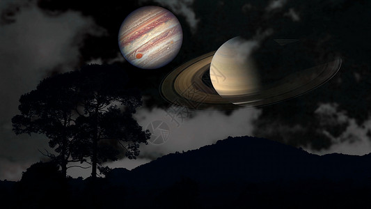 土星和木星在夜空上向后回升月光山云轨道勘探星云宇宙行星气氛星星星系望远镜世界背景