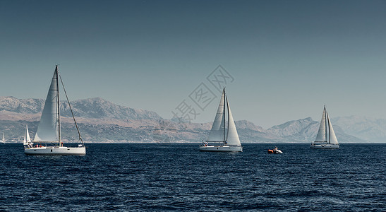 帆船比赛 帆船赛 水上帆的反射 激烈的竞争 船尾的船数 鲜艳的色彩 带风车的岛屿在背景中团队船长蓝色自由娱乐天空全体海洋游艇追求背景图片