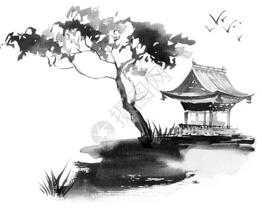 风景画用黑色油墨和水彩树和日本建筑背景