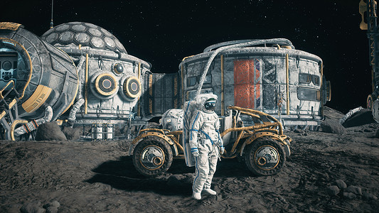 宇航员站在太空月球基地的月球旁 看到月球表面和月球聚居地3D降温勘探男人陨石殖民地流动环境天文行星宇宙火箭背景