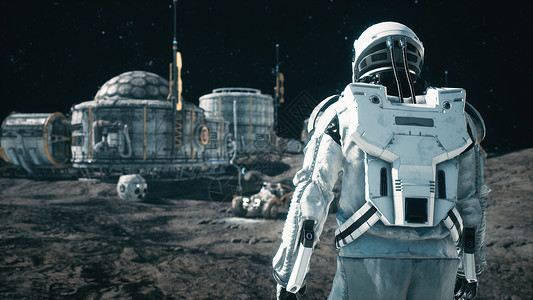流动站宇航员接近他的越野车 在未来的空间基地 3D投标星系旅行地球月亮宇宙勘探殖民太空人运输科幻背景