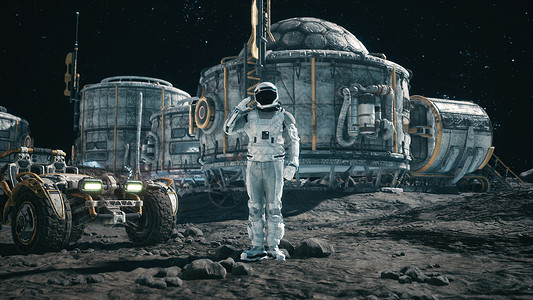 宇航员研究员在空间基地和行星变迁者3D射程的背景之下致以敬意月亮月球地球技术科幻旅行车站星系轨道科学背景