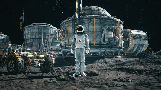 宇航员研究员在空间基地和行星变迁者3D射程的背景之下致以敬意星星殖民流动科学星云引擎轨道星系科幻殖民地背景