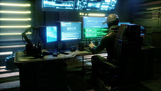 不要被现实打败一名男性黑客被发光的监视器包围 在他办公室的一个黑暗房间里侵入别人的计算机网络  3D 渲染互联网间谍编程小说骇客代码密码键盘编背景