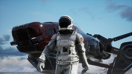 飞机空间背景宇航员探索者正在一个无人居住的星球上行走 三维辐射飞行月亮飞船宇宙轨道飞行器地球技术探险家外星人背景