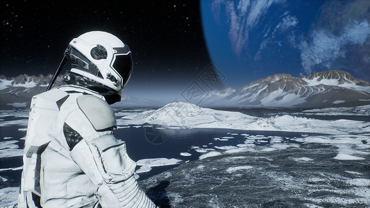 地球辐射宇航员探索者正在一个无人居住的星球上行走 三维辐射喷射飞船旅行飞行飞行器探险家火箭飞机卫星外星人背景