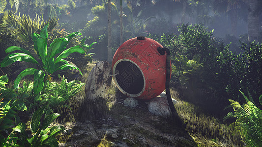 卡纳维拉尔角碎裂的空间胶囊位于棕榈树和热带植被中间的丛林中 3D降温星际轨道中心太空冒险蛙人客机车站救援载人背景