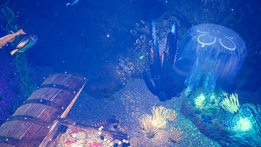宝箱打开神话般的热带水下居民 海洋生物和热带美丽的水下海洋景观 水母 鱼和藻类 用黄金和钻石打开海盗宝箱 3D 渲染游泳胸部生活金子金属背景