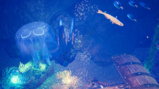 3d鱼底素材神话般的热带水下居民 海洋生物和热带美丽的水下海洋景观 水母 鱼和藻类 用黄金和钻石打开海盗宝箱 3D 渲染宝藏盒子冒险游泳古董背景