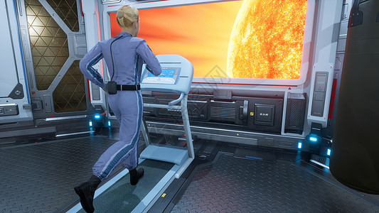 宇航员训练一名女宇航员运动员在健身房的跑步机上跑步 在一艘未来派宇宙飞船上 在舷窗前俯瞰一颗燃烧的星星  3D渲染气氛女性小说训练地球世界背景
