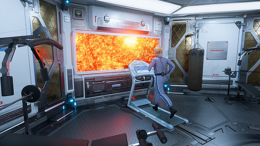 宇航员训练一名女宇航员运动员在健身房的跑步机上跑步 在一艘未来派宇宙飞船上 在舷窗前俯瞰一颗燃烧的星星  3D渲染行星气氛地球科学女士科幻背景