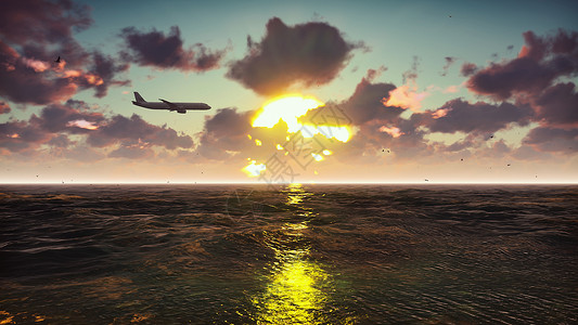 日落时乘客机飞越海面 美丽的夏季背景 3D发音背景图片
