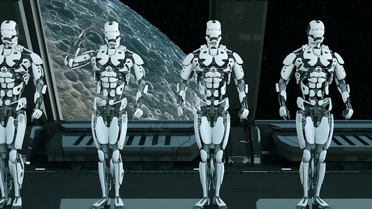 格斗机器人宇宙飞船上的机器人士兵在宇宙和行星的背景下敬礼  UFO 的未来派概念  3D 渲染火星动物安全星系塑料技术3d车站世界飞船背景