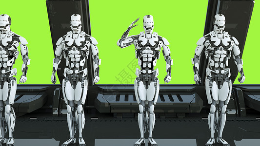 格斗机器人太空飞船上的机器人士兵在绿屏背景下敬礼  UFO 的未来派概念  3D渲染背景