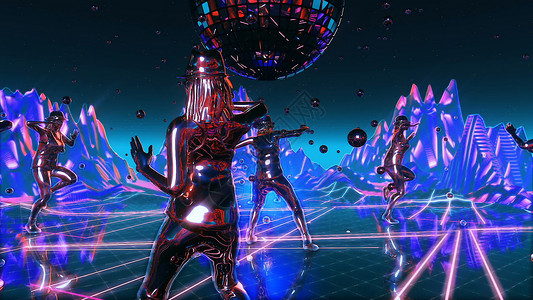 迪斯科霓虹女孩们在霓虹舞星球上跳舞和移动  3D渲染音乐打碟机设计展示夜店3d派对舞台女士庆典背景