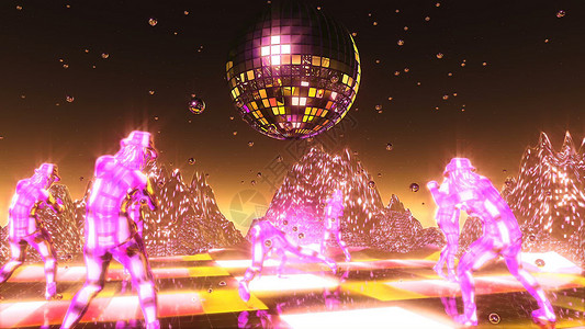 迪斯科霓虹女孩们在霓虹舞星球上跳舞和移动  3D渲染视听舞蹈俱乐部设计音乐活力女士屏幕耀斑3d背景
