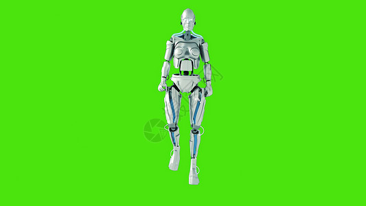 绿色安卓机器人在绿色屏幕上行走的未来类人机器人 3D 渲染背景