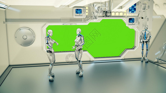 绿色安卓机器人飞船上的机器人在争论背景行星地球  UFO 的未来概念   3D 渲染背景