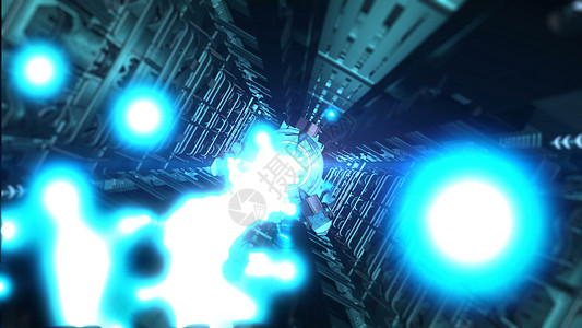 具有蓝色激光 3D 渲染的科幻宇宙飞船走廊背景图片