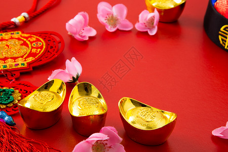 繁荣和春天 平躺的中国新年平铺庆典红包传统植物群狂欢工艺艺术月球礼物背景图片