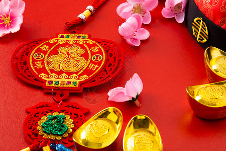 繁荣和春天 平躺的中国新年庆典工艺红色艺术平铺狂欢传统月球节日文化背景图片