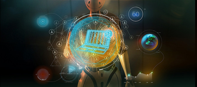 安卓机器人计算机分析一系列社交媒体数据 3D 生成机器人科幻小说显示器电讯技术互联网影响电脑全世界背景
