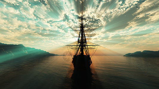 直挂云帆旧船在海上日落日出剪影海盗历史巡航历史性人士天空太阳渲染背景