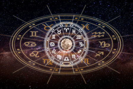 圆圈标志星座圈内的占星术黄道带标志 银河系和月亮上天空中星星的占星术知识 宇宙概念的力量乳白色太阳天文学木星日历地球财富星系艺术八字背景