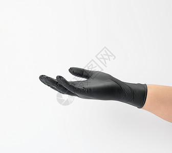 白色背景的黑乳胶手套中的女性手棕榈工作室身体黑色手势安全女士手指卫生橡皮背景图片
