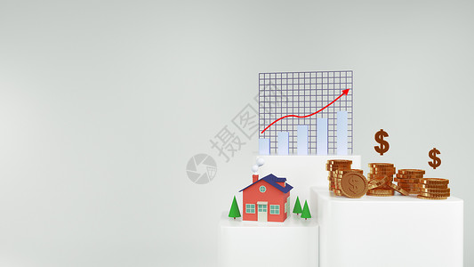 房子3D图3d 渲染钱回家和金币和股票 char背景