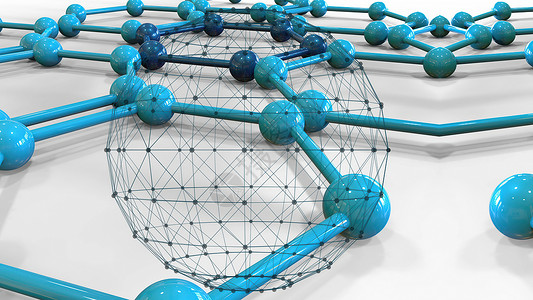 3D 插图连接分子背景上的蓝色连接点和线化学原子网络科学技术圆形金属网格电脑团队背景图片