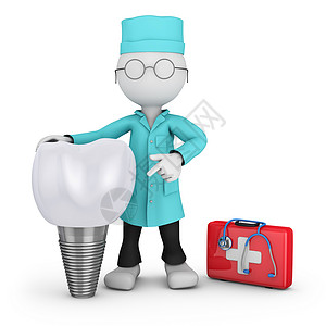 牙医和种植牙医疗手提箱插图医生口腔科牙疼白色男人渲染红色背景图片