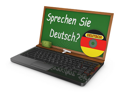 德语文字笔记本电脑和粉笔野猪技术水平学校白色建筑木板艺术黑板旗帜互联网背景