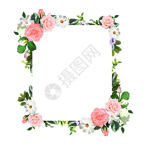 水彩花卉框架带复制空间的花卉方形花圈框架模板插图叶子玫瑰邀请函庆典问候语墙纸横幅卡片水彩背景