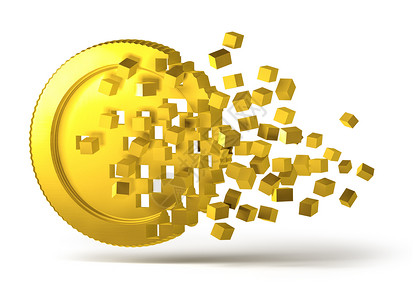 加密货币硬币分散到数字像素块中背景图片