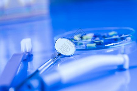 保健 病理学设备 牙科概念金属蓝色健康乐器技术医疗药品牙医诊所口腔科背景图片