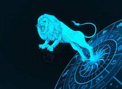火焰狮子星座圈深蓝色背景中的狮子背景
