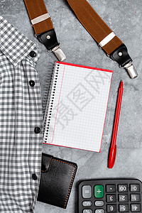 展示新的合适的工作服设计 展示正式的办公室服装 写重要的笔记 抽象的记者服装 测量服装牛仔裤商务日记金融教育男性计算器衬衫衣服图背景图片