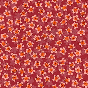 桃姐壁纸无缝图案与盛开的日本樱花 用于织物 包装 壁纸 纺织品装饰 设计 邀请函 印刷 礼品包装 制造 深红色背景上的珊瑚花背景