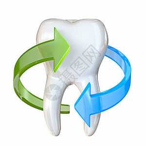 氟化物有蓝色和绿色箭头的牙在白色 3背景