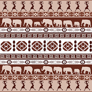 手绘大象非洲模式与非洲妇女和大象的剪影背景