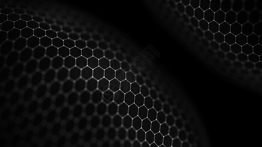 富勒烯网络连接概念黑色背景图 未来派六边形视角广角景观 未来的蜂窝概念  3d 景观 大数据数字化背景网格化学信息图表圆圈细胞地球科学背景