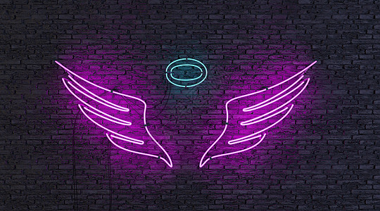 翅膀广告素材砖墙上有天使形状的荧光灯背景
