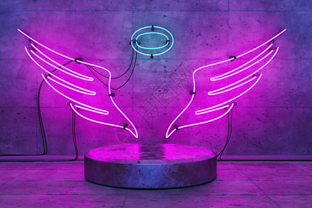 翅膀广告素材配有产品显示基底的天使形荧光灯背景