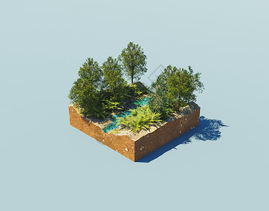 3D树周围有河流和树木的地貌自然角背景
