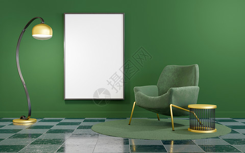 最小的客厅绿色和金色的最小内装 框架模拟背景