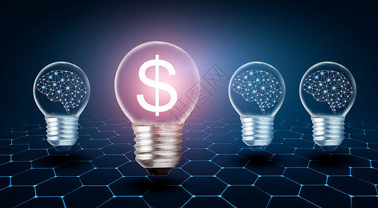 灯泡制作钱制造想法 美元象征一个灯泡 里面有个大脑的头脑 想着赚钱储蓄辉光解决方案利润交换技术财富活力蓝色力量背景