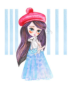 手绘红色小野果在孤立的背景下画着蓝裙子和红贝雷帽的 水彩小公主图示背景